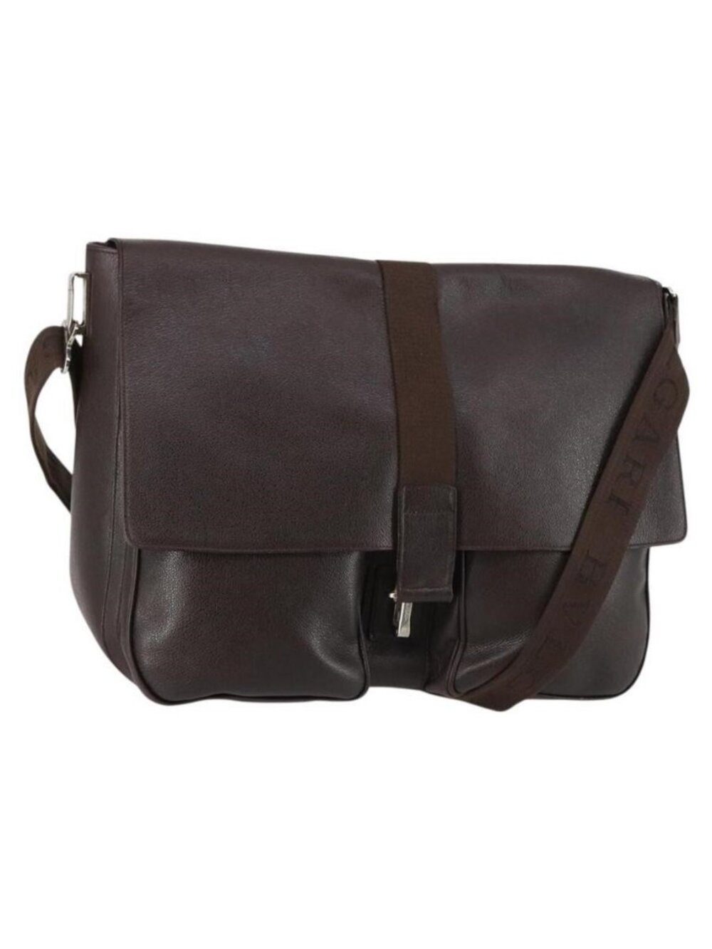 Authentic BVLGARI Shoulder Bag Leather Dark Brown Silver